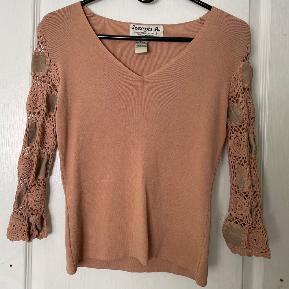 Tan top with leather patches and loose knit sleeve